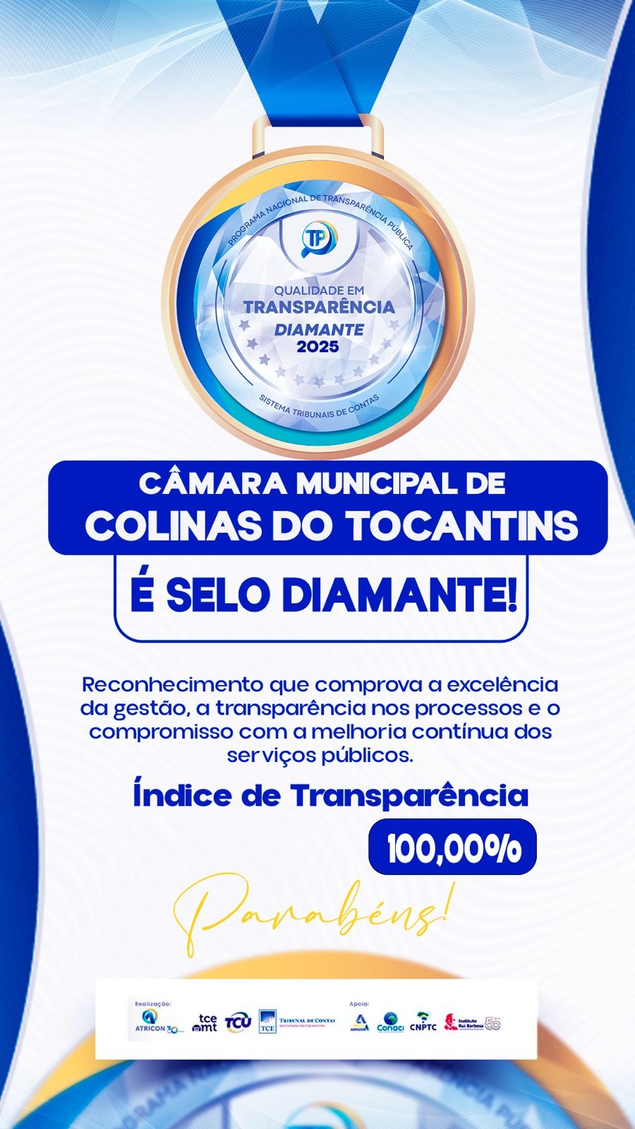 Câmara de Colinas conquista Selo Diamante de Transparência com índice máximo no ranking nacional
